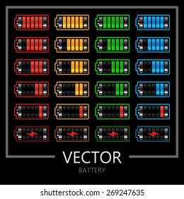 Battery Icon Set, Set Of Battery Charge Level Indicator, Vector Battery Gage Symbol.