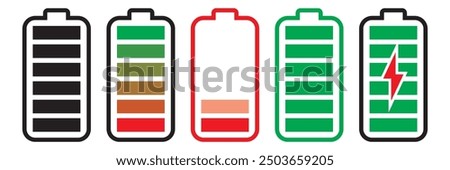 Battery icon set. Battery charge level. Battery charging icon. Battery charge indicator, vector graphic illustration. EPS 10.