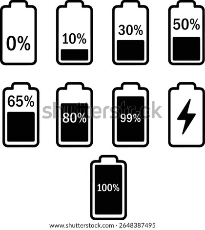 battery icon set. battery charge level and charging symbol. vector illustration