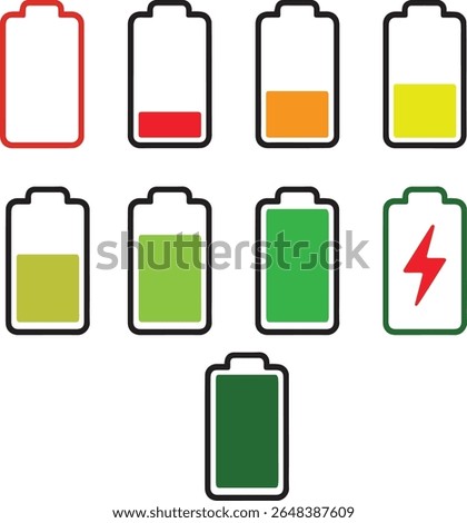 battery icon set. battery charge level and charging symbol. vector illustration