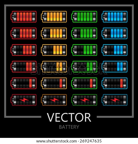 Battery icon set, Set of battery charge level indicator, Vector battery gage symbol.
