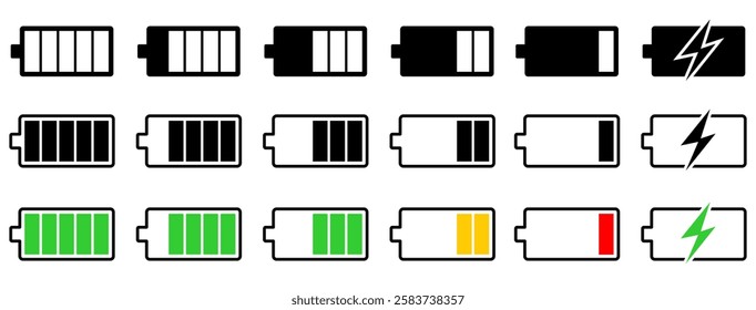 Battery icon set. Battery charge levels. Battery charging icons. Vector graphics