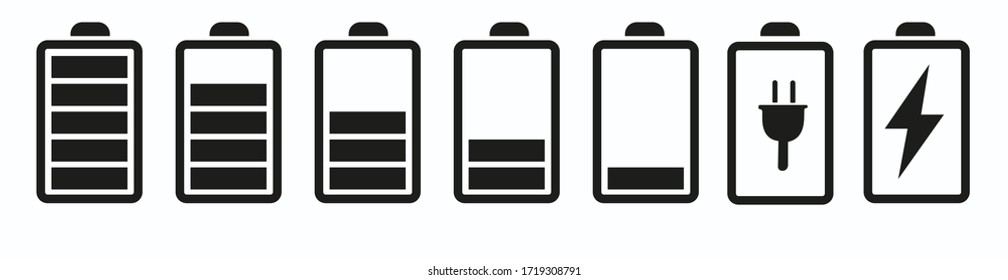 Battery icon set. Battery charging indicator icons. Alkaline battery capacity sign. For smartphone battery pack sign and symbol. 