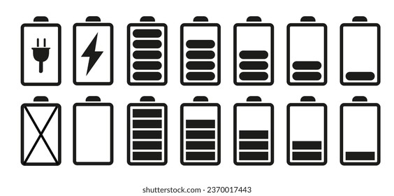 Battery icon set. Battery charging indicators. Alkaline battery capacity and charging progress. Vector illustration.