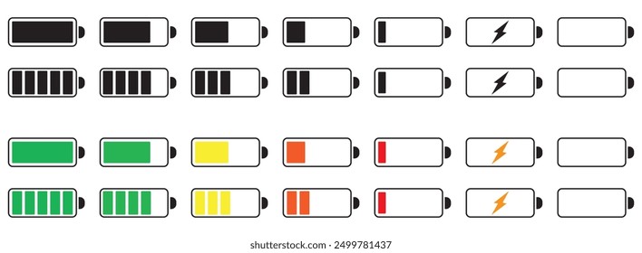 Batteriesymbolsatz. Batterieladung, Anzeigen Punkte Symbol Sammlung. Vektorgrafik