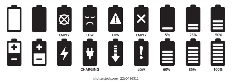 Conjunto de iconos de la batería. Señal de nivel de carga de la batería. Indicador de carga del 5% al 100%. Ilustración vectorial de batería vertical en color negro sólido.