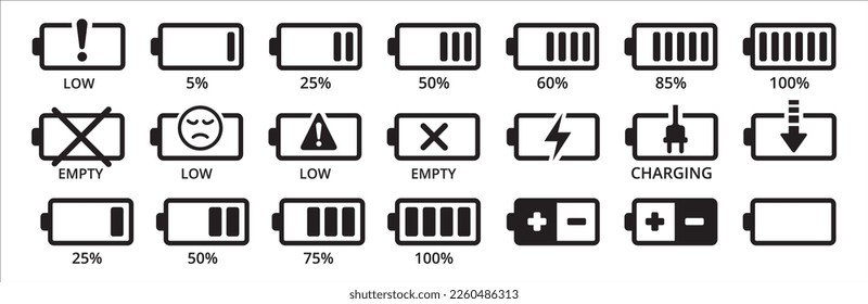 Battery icon set. Battery charging level sign. Charge indicator from 5 percent to 100 percent. Horizontal battery vector illustration in out line style.