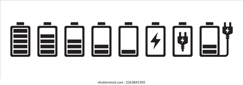 Conjunto de iconos de la batería. Señal de nivel de carga de la batería. Señal de carga de enchufe eléctrico por cable. Ilustración de material vectorial.