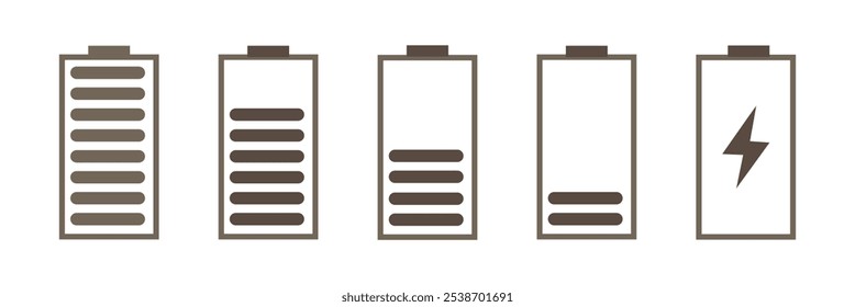 Battery icon set. Battery charging level sign. Charge capacity levels percentage illustration. Vector simple design. Green, red, yellow colors