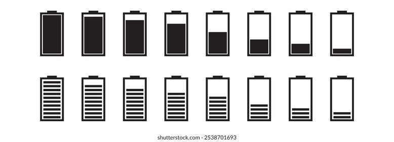 Battery icon set. Battery charging level sign. Charge capacity levels percentage illustration. Vector simple design. Green, red, yellow colors