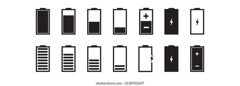 Ícone de bateria definido. Sinal de nível de carregamento da bateria. Ilustração da porcentagem dos níveis de capacidade de carga. Design simples de vetor. Cores verde, vermelha e amarela