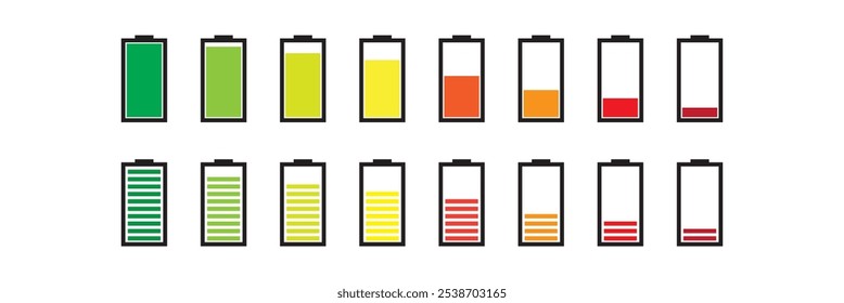 Battery icon set. Battery charging level sign. Charge capacity levels percentage illustration. Vector simple design