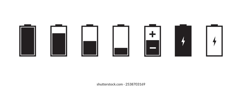 Battery icon set. Battery charging level sign. Charge capacity levels percentage illustration. Vector simple design