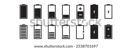 Battery icon set. Battery charging level sign. Charge capacity levels percentage illustration. Vector simple design. Green, red, yellow colors