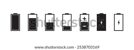 Battery icon set. Battery charging level sign. Charge capacity levels percentage illustration. Vector simple design