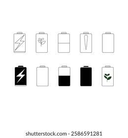 Battery icon set with charging, low, full, and eco-friendly variations. Includes outline and solid styles. Ideal for UI, apps, energy, and technology designs. Vector format for flexible use
