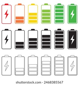 Batteriesymbol gesetzt. Symbol für die Akkuladung und die prozentuale Kapazität. Rot, Grün, Gelb und Schwarz Vektorillustration.
