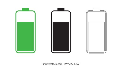 Batteriesymbolsatz. Symbol für Akkuladung und Kapazitätsstufen in Prozent. Rote, grüne, gelbe und schwarze Farben, Vektorgrafik.