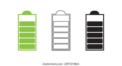 Conjunto de iconos de batería. Icono de carga de batería y niveles de capacidad porcentual. Ilustración vectorial de colores rojo, verde, amarillo y negro.