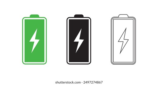 Battery icon set. Battery charging and percentage capacity levels icon. Red, green, yellow and black colors vector illustration.