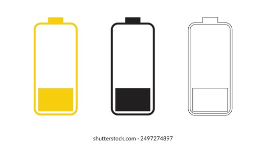 Battery icon set. Battery charging and percentage capacity levels icon. Red, green, yellow and black colors vector illustration.