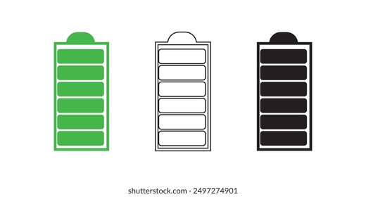 Battery icon set. Battery charging and percentage capacity levels icon. Red, green, yellow and black colors vector illustration.