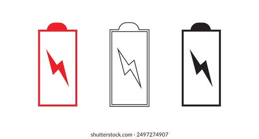 Battery icon set. Battery charging and percentage capacity levels icon. Red, green, yellow and black colors vector illustration.