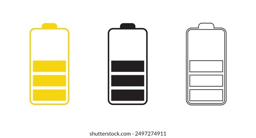 Conjunto de iconos de batería. Icono de carga de batería y niveles de capacidad porcentual. Ilustración vectorial de colores rojo, verde, amarillo y negro.