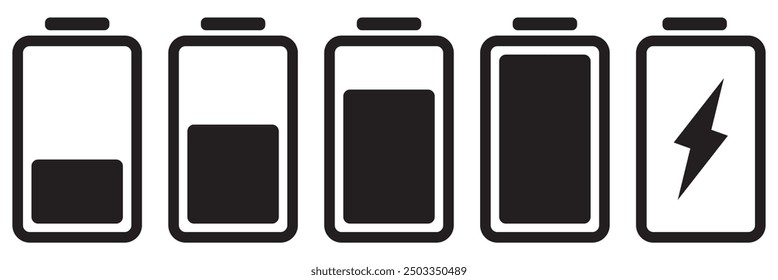 Conjunto de iconos de batería. Punto de carga de la batería. Indicador de colección de ícono de indicadores de carga. Indicador de Recargo. Ilustración vectorial. EPS 10.
