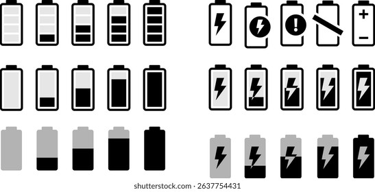 Battery icon set charging point charge indicator. Level battery energy status batteries logo. Alkaline tags. Electric ebike or car icon.