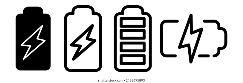 Batteriesymbolsatz, Batterieladezeichen und -symbol. Batterieladestand flache Abbildung... eps