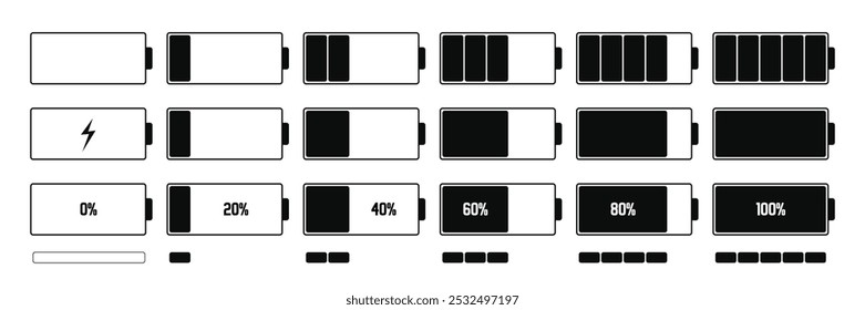 battery icon set, battery charging sign, battery charge level, vector