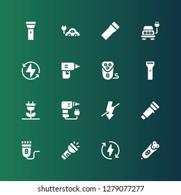 battery icon set. Collection of 16 filled battery icons included Electric razor, Eco energy, Flashlight, Electric shaver, Flash, Drill, Renewable energy, Bolt, Electric, Electric car