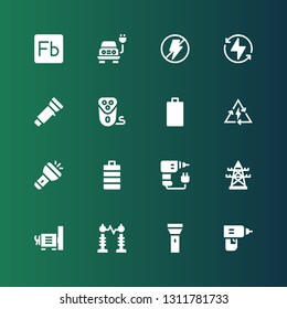 battery icon set. Collection of 16 filled battery icons included Drill, Flashlight, Electricity, Dynamo, Electric tower, Full battery, Bolt, Empty Electric shaver, Flash