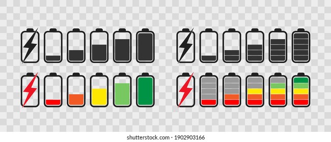 Battery icon set .  Collection of charge battery level indicators. Charge indicator , vector illustration. Smartphone accumulator. 10 eps