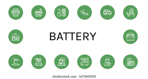 battery icon set. Collection of Generator, Solar, Solar cell, Muffler, Electric car, Mechanic, Wind socket, Camera bag, Nuclear plant, Electric vehicle, Nuclear power, Car battery icons