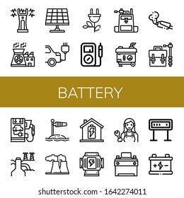 battery icon set. Collection of Stun gun, Nuclear power, Solar panel, Electric car, Green energy, Multimeter, Camera bag, Electric generator, Muffler, Power plant, Wind socket icons