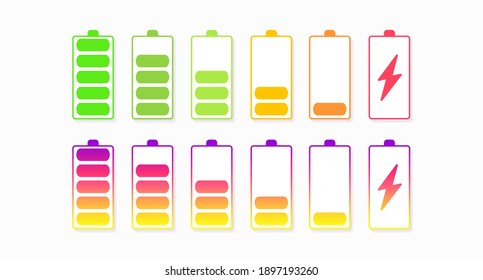 Battery icon. Set of colored icons of batteries with different levels of charge isolated on a light background. Vector illustration