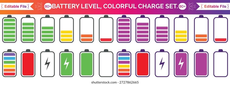 Icono de la batería. Conjunto de iconos de colores de baterías con diferentes niveles de Recargo aislados sobre un fondo claro. Ilustración vectorial