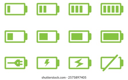 Battery icon set. colorful style vector icons. Batery charge indicator. Baterry level, energy, full. Power low up status batteries logo. vector icons.