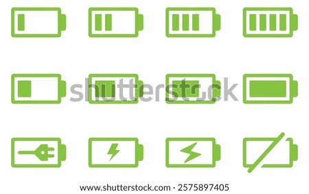 Battery icon set. colorful style vector icons. Batery charge indicator. Baterry level, energy, full. Power low up status batteries logo. vector icons.