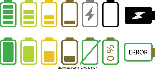 Conjunto de iconos de batería. Ilustraciones vectoriales coloridas de niveles de Recargo de la batería, indicadores de energía, Estado de energía de bajo a completo, señales de carga y símbolos de la batería del teléfono	