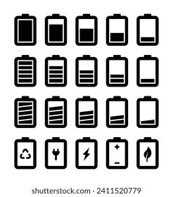 Battery icon set in different style. Battery charge icon vector. indicator battery illustration symbol. accumulator logo. battery saver leaf icon