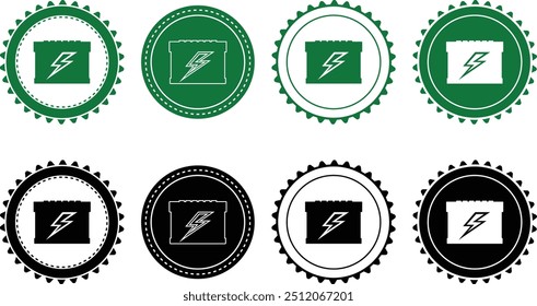 Battery icon set. Ecology Stamps. Environment, sustainability, nature, recycle, renewable energy; electric bike, eco-friendly, forest, wind power, green symbol. Solid icons vector collection.