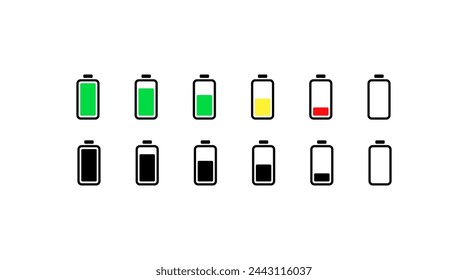 Conjunto de iconos de batería. Estilo plano y silueta. Iconos vectoriales