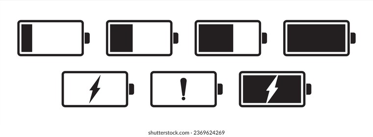 Akkusymbol im flachen Stil eingestellt. Icon-Ebene für die Batterieladung, einfaches schwarzes Symbol für die Batterieaufladung für Apps und Websites, Vektorgrafik-Symbol für das Batterieaufladen.