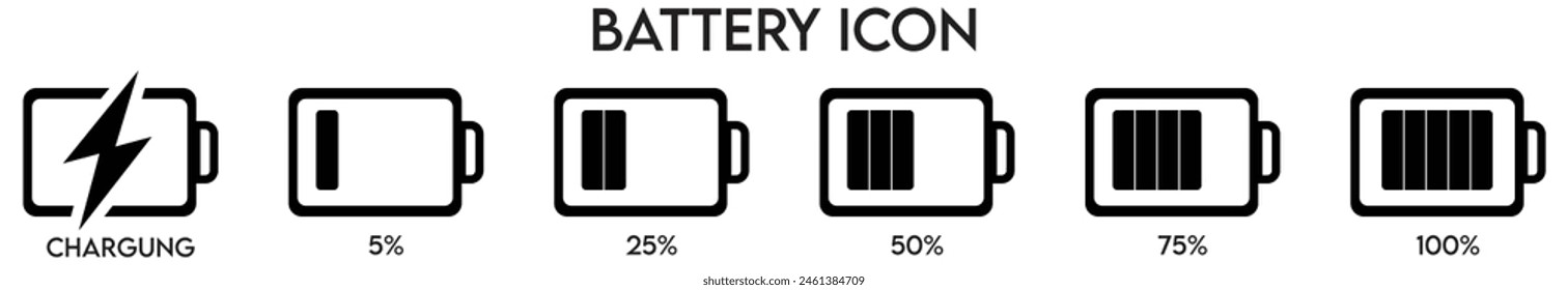 Batteriesymbol im flachen Stil eingestellt. Batteriestufe, Batterieladung Abbuchung-Symbol für App und Website, Vektorillustration.