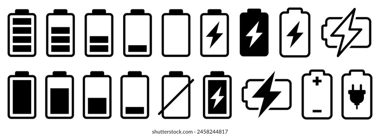 Conjunto de iconos de batería. Indicador de Recargo lleno de la batería o señal de Recargo bajo. Batería de nivel Energía totalmente llena.