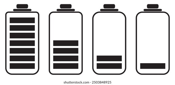 Battery icon set. Battery Full charge indicator or low charge sign. Level battery Energy powerfully full.