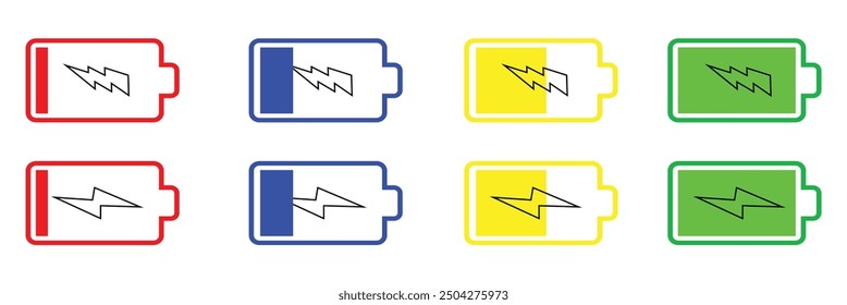 Conjunto de iconos de batería. Indicador de Recargo completo o señal de bajo Recargo. Batería de nivel Energía poderosamente llena. diseño eps 10